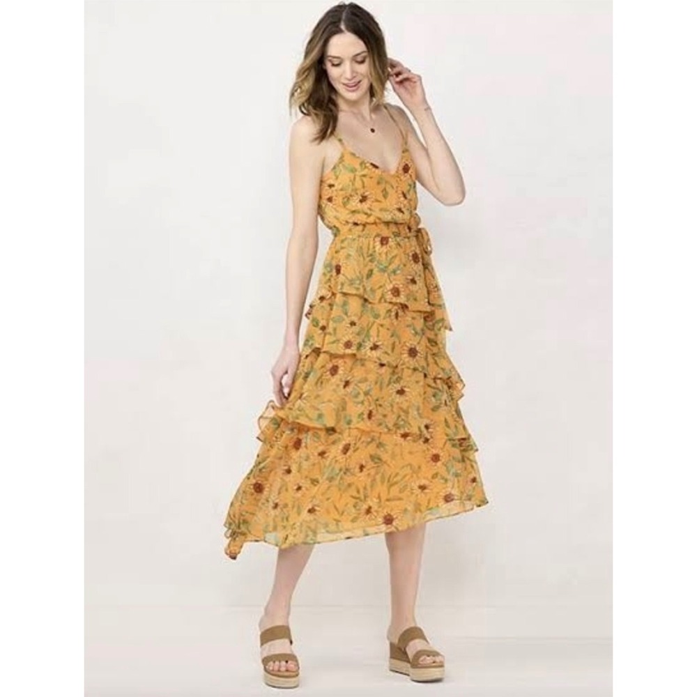 LC Lauren Conrad Sunflower Midi Dress Womens Medium Yellow‎ Boho Tiered Ruffle